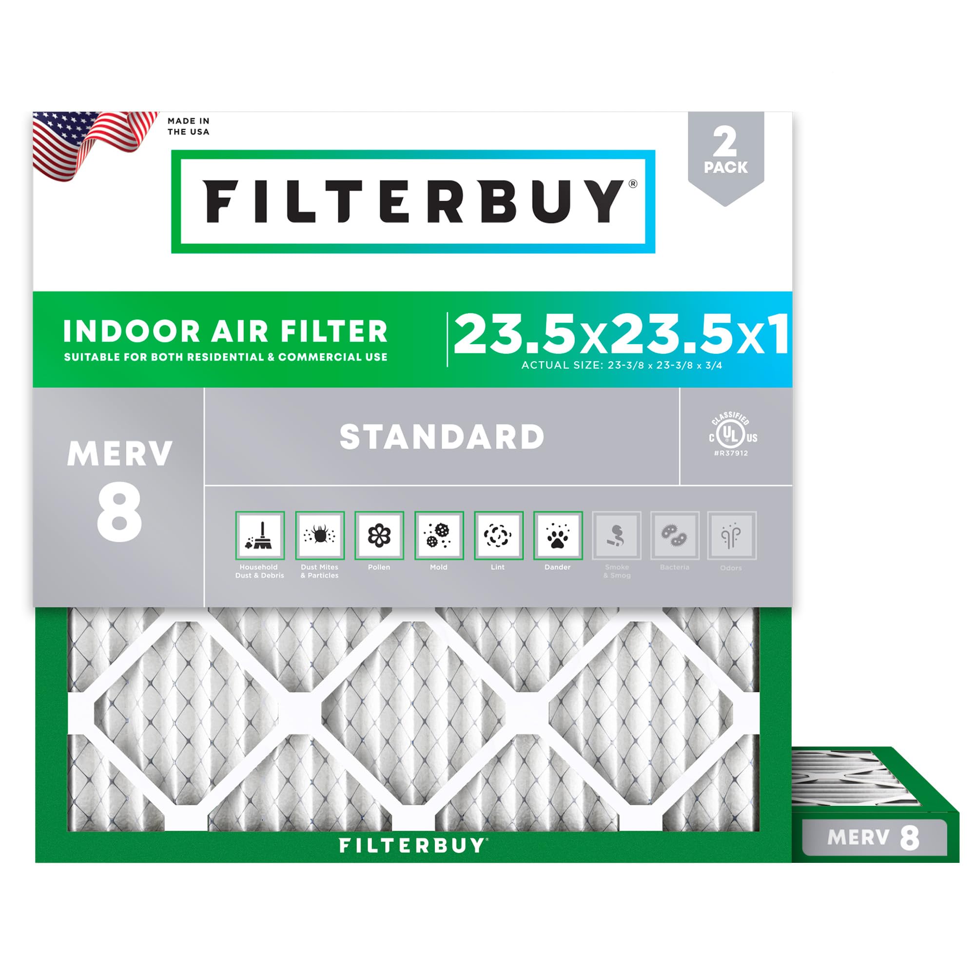 Filterbuy 23.5x23.5x1 Air Filter MERV 8 Essential Dust & Allergy Defense (2-Pack), Electrostatic Pleated HVAC AC Furnace Filters Replacement, Made in USA (Actual Size: 23.38 x 23.38 x 0.75)