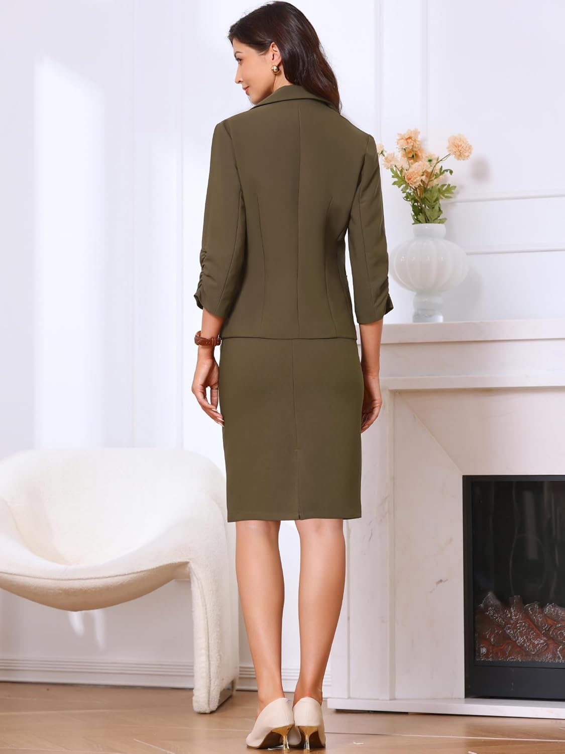 Allegra K 2 Piece Skirt Suit Set for Women's Business Casual Blazer Pockets Pencil Skirt Teacher Outfit - Image 3