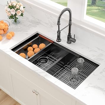 Sarlai 36 Inch Undermount Kitchen Sink Double Bowl Low Divided Large Workstation Gunmetal Black Sink Stainless Steel 16 Gauge 50/50 Sinks Double Basin