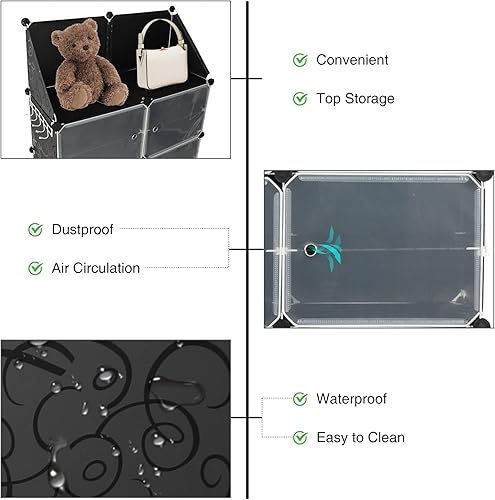 Miniatura 4 de Zapatero portátil con puertas y ganchos, 48 pares de 8 niveles apilable de plástico para zapatos, zapatero cerrado independiente de 12 cubos para