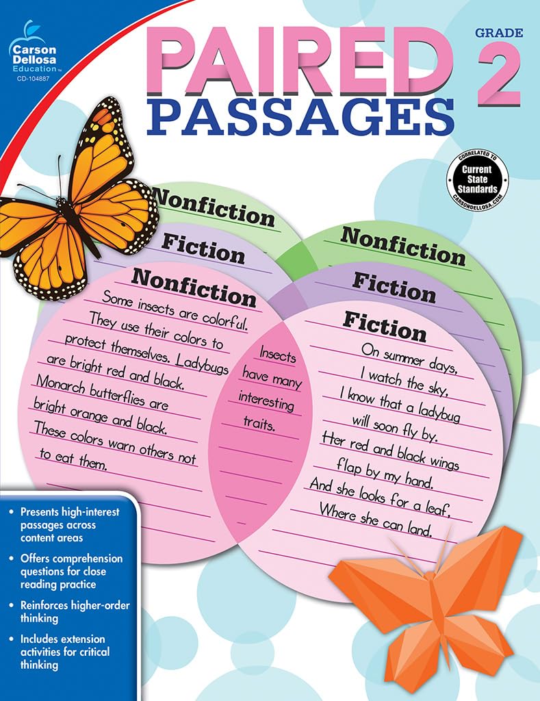 Carson Dellosa Paired Passages Reading Comprehension 2nd Grade Workbook, Fiction, Nonfiction, and Critical Thinking Skills, Classroom or Homeschool Curriculum