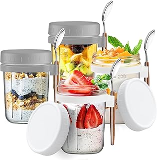 4 Pack Overnight Oats Containers with Lids and Spoon, 16 oz Glass Mason Jars with Airtight Lid for Overnight Oats Meal Prep Chia Yogurt Salad Fruit Gray White