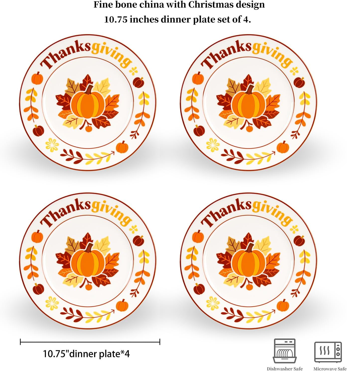 Fine Bone China Thanksgiving 10.75 inches Dinner Plates Set of 4, Pumpkin, Maple Leaf Design, Thanksgiving Table Decorations Thin and Light Weight, Designed Gift Box, Dishwasher and Microwave Safe