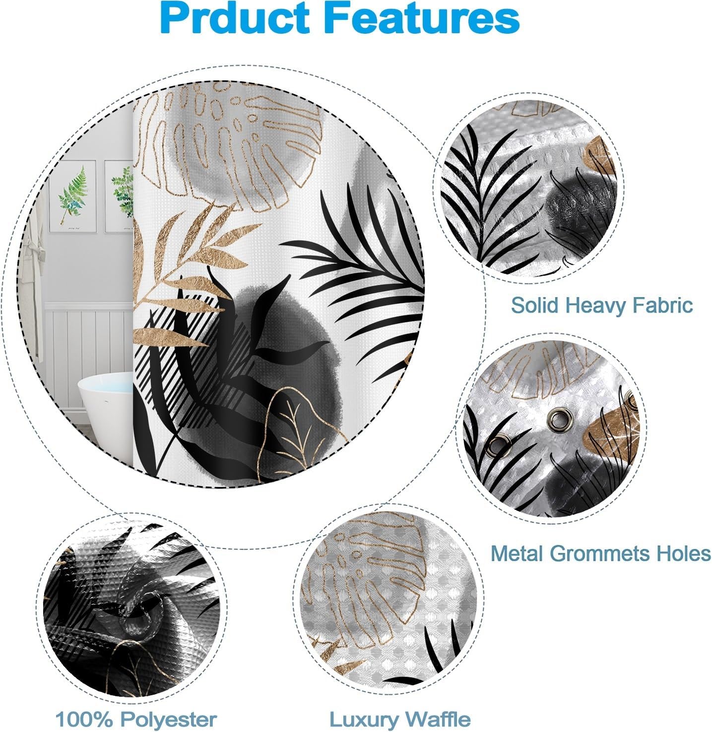Boho Shower Curtain Set for Bathroom Waffle Abstract Black Grey Tropical Palm Leaves Shower Curtains 72x72inches Farmhouse Stall RV Minimalist Waterproof Fabric Shower Curtain with Hooks