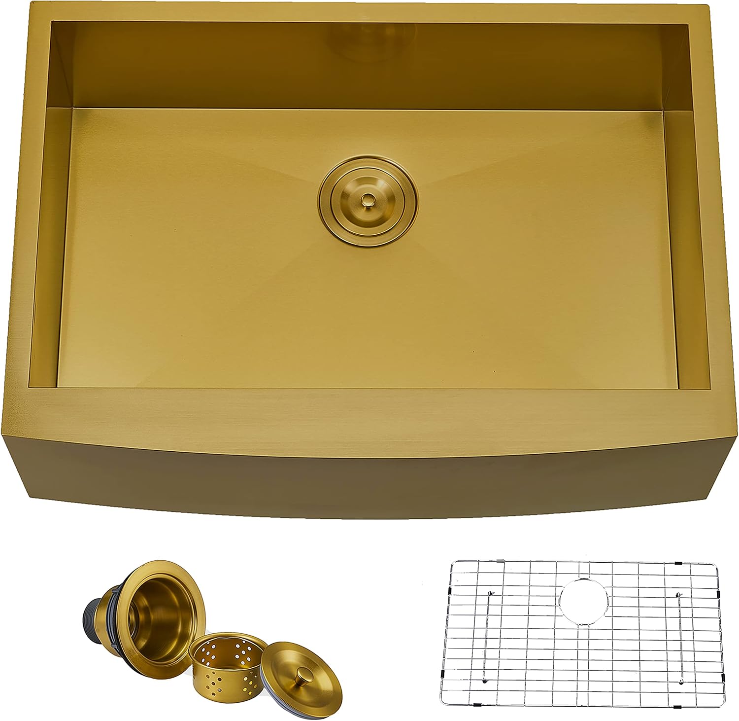 HOTIS Gold Farmhouse Sink, 30 Inch Gold Kitchen Sink, Flat Apron-Front Undermount Drop In Farm Sinks, Stainless Steel Single Bowl Handmade Farmhouse Kitchen Sinks With Accessories