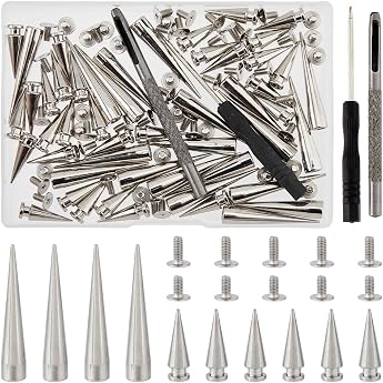 SUPERFINDINGS 50 Sets Long Punk Spikes Rivets Large Leather Rivets Screw Rivets with Screwdriver Hole Silver Cone Spikes for Clothes Shoes Belt Bags Dog Collars