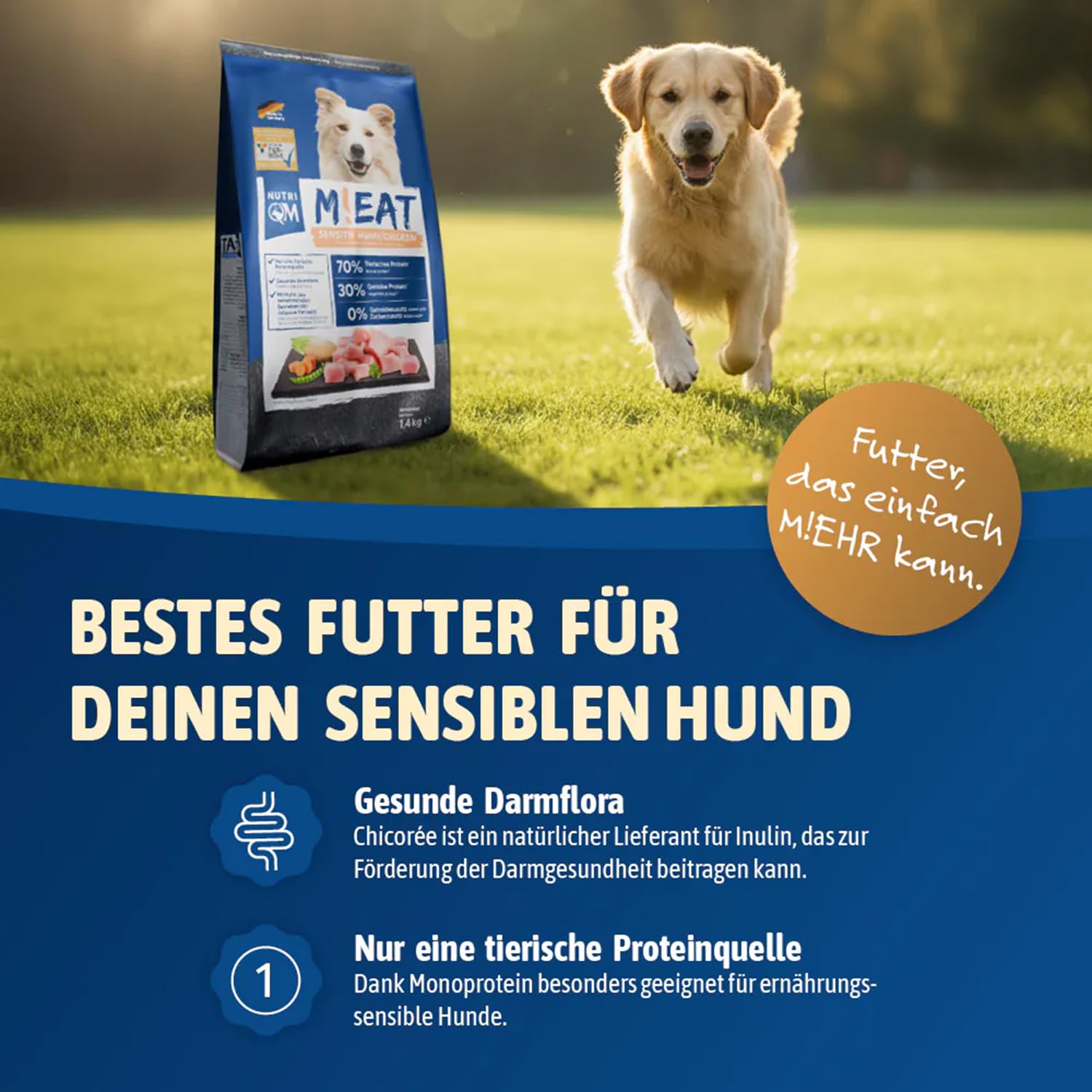 NutriQM® Sensitiv Trockenfutter Getreidefrei | 12 kg | Monoprotein Huhn 70% | Hundefutter Trocken Sensitiv für empfindliche Hunde | Ohne Zusatzstoffe | Mit Omega 3 aus Lachsöl | Made in Germany