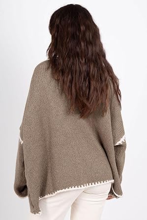 chouyatou Women Fall Open Front Color Block Cardigan Sweater Casual Striped Chunky Knit Oversized Cardigan