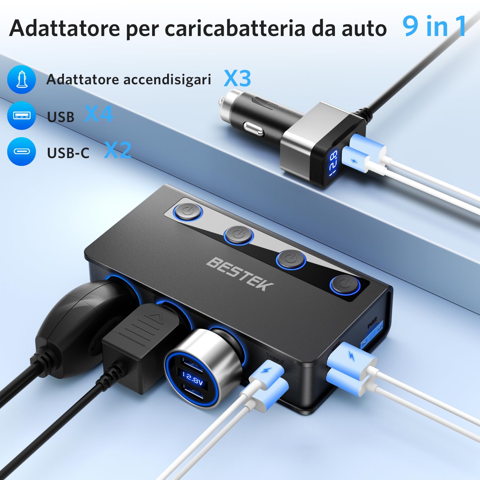 BESTEK Caricabatterie da Auto 180W, Caricatore da Auto USB-C PD USB QC3.0, Adattatore per Accendisigari 12V/24V con 3 Prese & 6 Porte con Display LED per iPhone Dash Cam