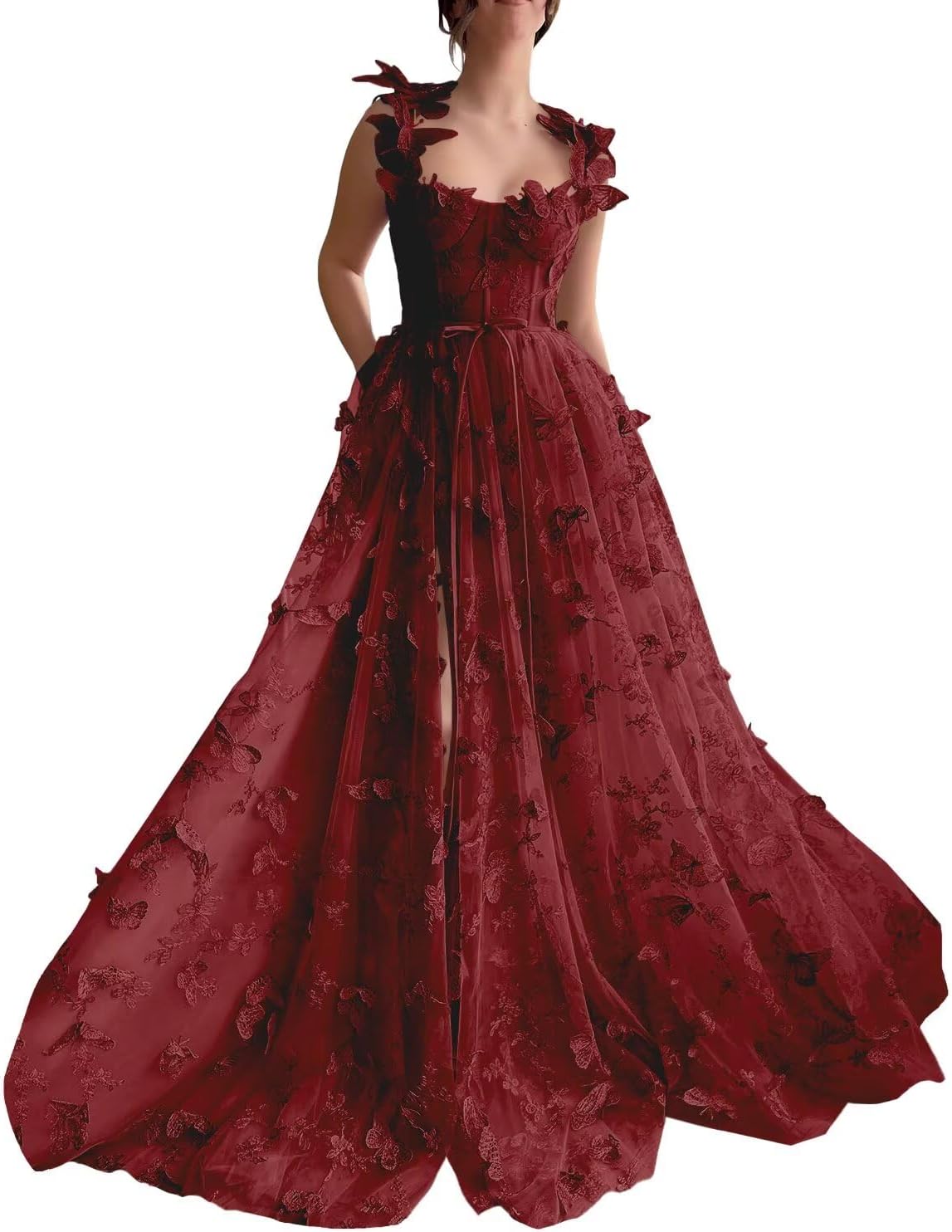 Cudiew 3D Butterfly Lace Applique Tulle Prom Dresses Floor Length Women's Formal Long Evening Party Gown with Slit