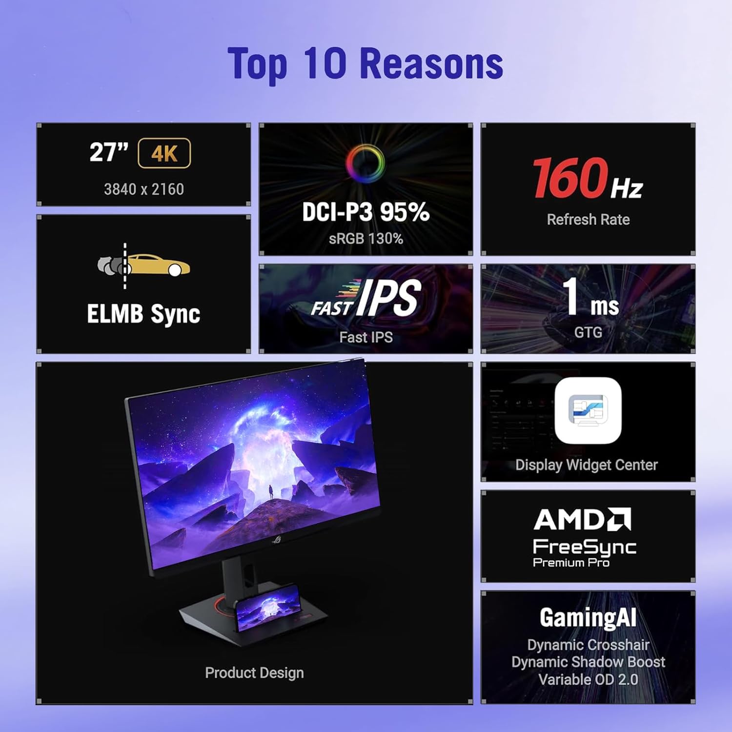 ASUS ROG Strix 27” 4K Gaming Monitor, UHD(3840 x 2160) Fast IPS, 160Hz, 1ms, 130% sRGB, HDR400, G-Sync Compatible, Eye Care, Type-C, DisplayPort 1.4, HDMI 2.1, Tripod Socket, Adjustable Stand