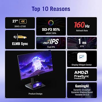ASUS ROG Strix 27 4K Gaming Monitor, UHD(3840 x 2160) Fast IPS, 160Hz, 1ms, 130% sRGB, HDR400, G-Sync Compatible, Eye Care, Type-C, DisplayPort 1.4, HDMI 2.1, Tripod Socket, Adjustable Stand