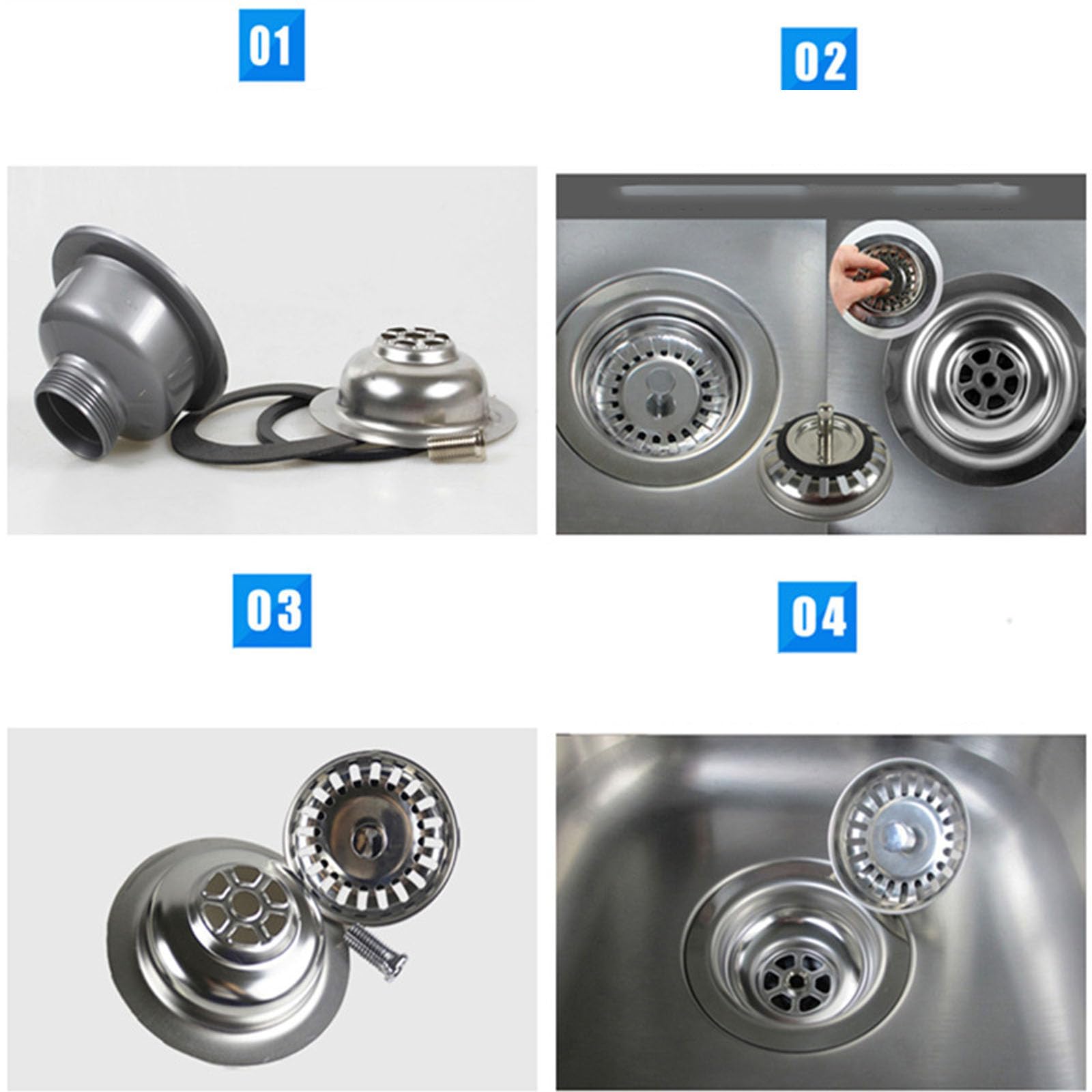 Juego de desagüe para fregadero, válvula de cesta de colador de acero inoxidable con rebosadero, 114 mm, sifón de cocina con rebosadero, juego de desagüe para sifón, adecuado para la filtración del