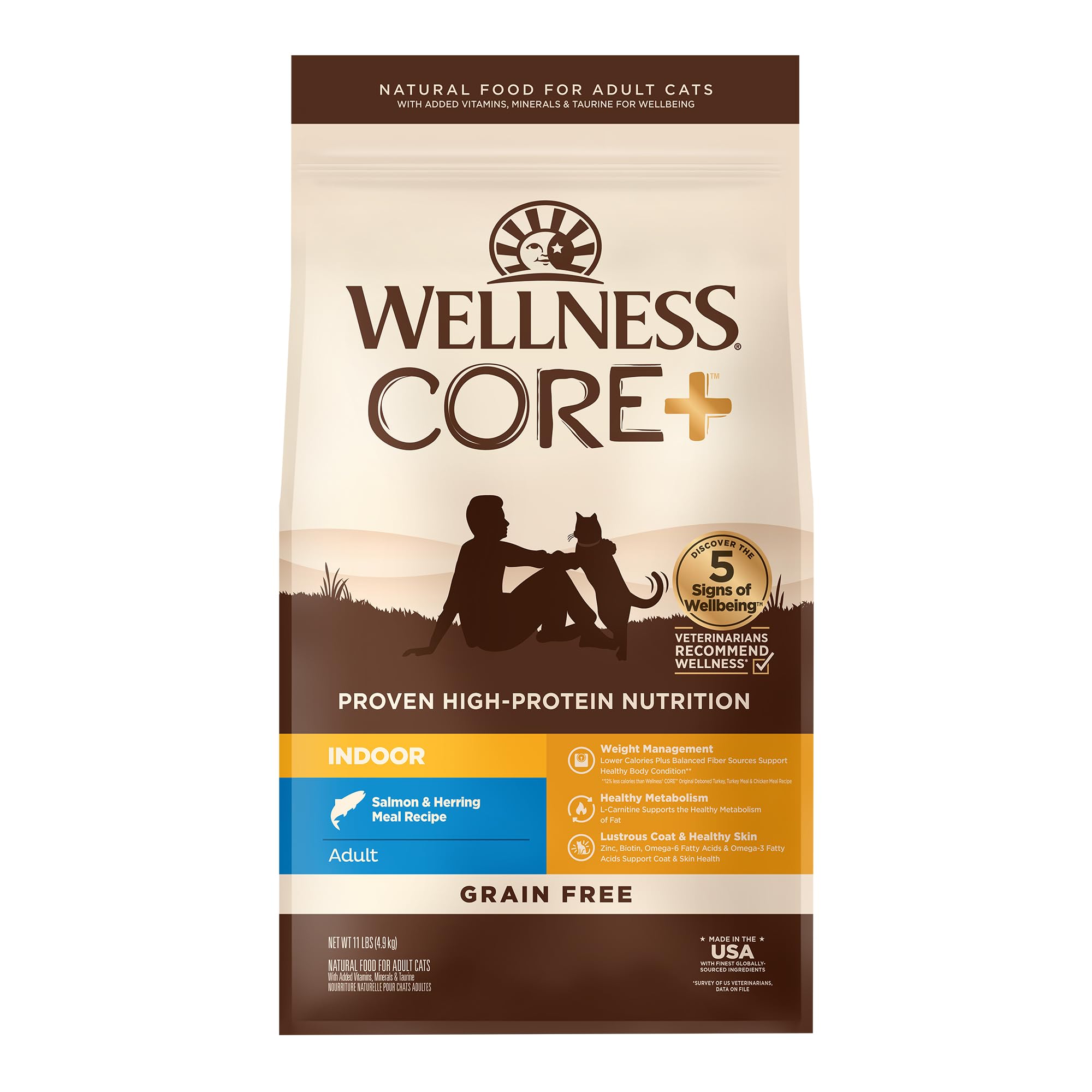 WellnessCORE+ Adult Dry Cat Food for Indoor Cats, Grain-Free, Natural, Salmon and Herring Meal (11 Pound Bag)