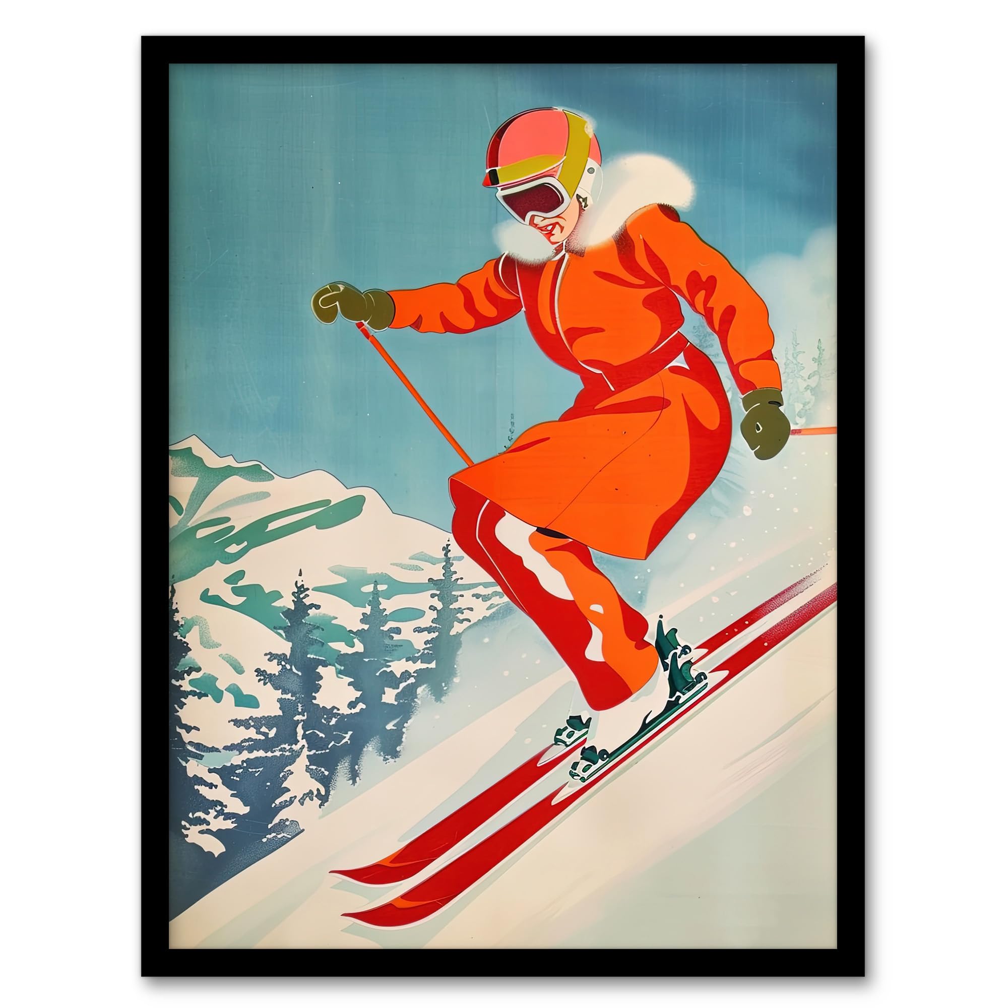 Artery8 Woman Skier Skiing Mountain Slope Snow Alps For Living Room Artwork Framed Wall Art Print A4