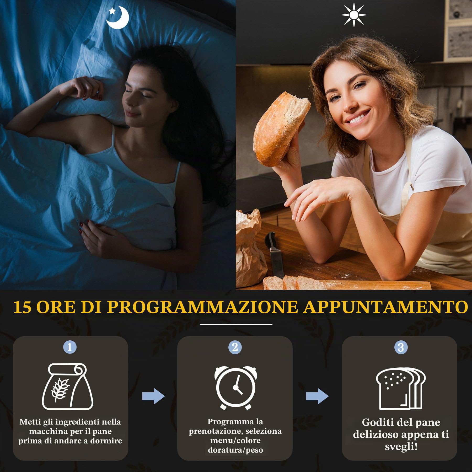 Macchina per Il Pane in Acciaio Inossidabile, 2 libbre, 17 in 1, con distributore di Frutta e Noci, Padella in Ceramica Antiaderente e Pannello Touch Digitale, 3 Dimensioni di pagnotta