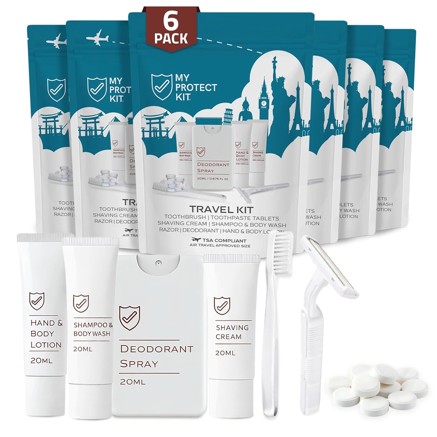 My Protect Kit Travel Kit - Toothbrush, Shaver, Toothpaste Tablet, Shampoo & Body Wash, Shaving Cream, Lotion, Deodorant Spray, Travel Size Toiletries Set, Pack of 6