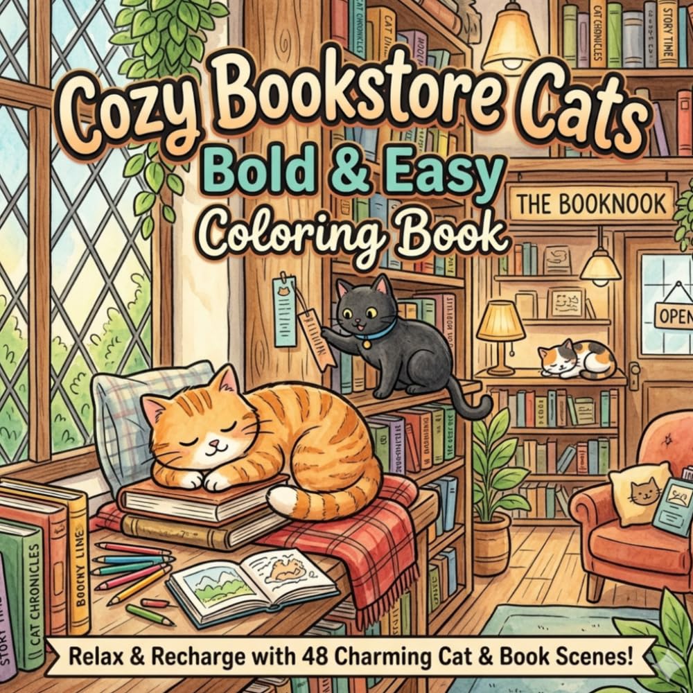 Cozy Bookstore Cats Bold & Easy Coloring Book