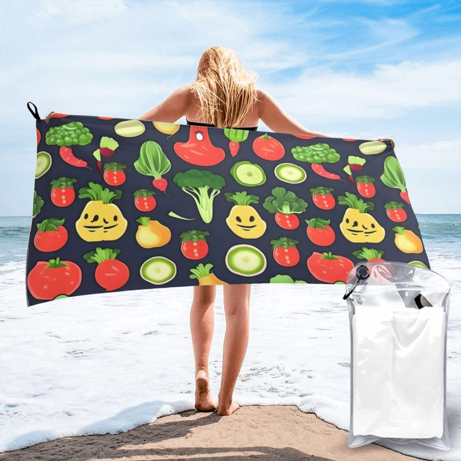 WYCZHY Cartoon Vegetable Fruit Print Beach Towel Soft Quick Dry For Spa Pool Gym Vacation Travelers Women Men Adults Sauna Gift