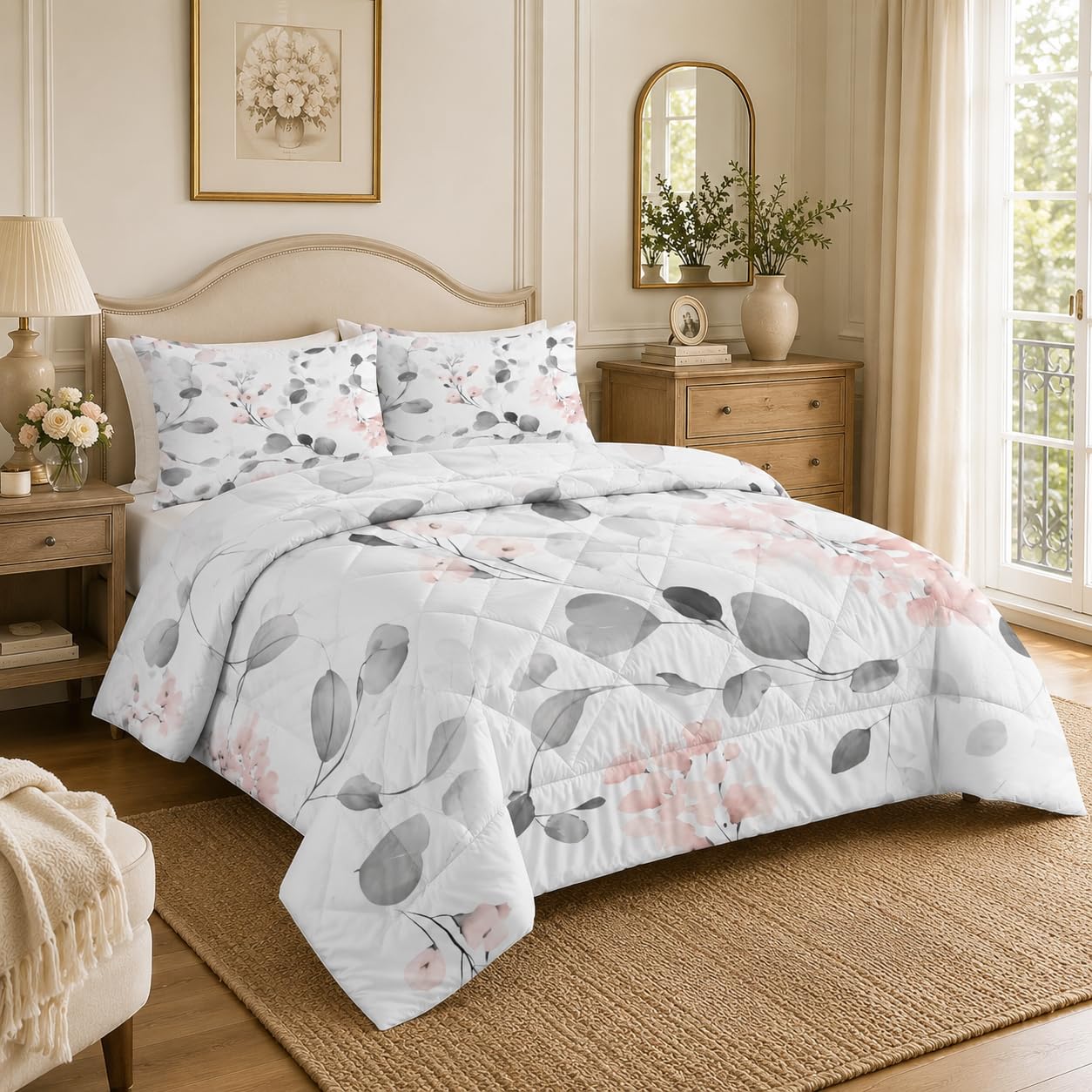 Couette 220x240 Imprimée Feuilles D'eucalyptus Couette 4 Saisons Gris Couette sans Housse Couette 2 Personnes en Microfibre, Couette Réversible Ultra Douce Lavable en Machine
