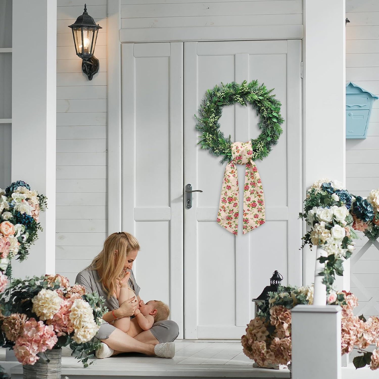 Floral Wreath Sash for Front Door Pink Flower Wreaths Satin Sash Vintage Garland Ribbon Accessories for Wreath Yard Doorway Indoor Outdoor Bow Bridal Shower Home Decor