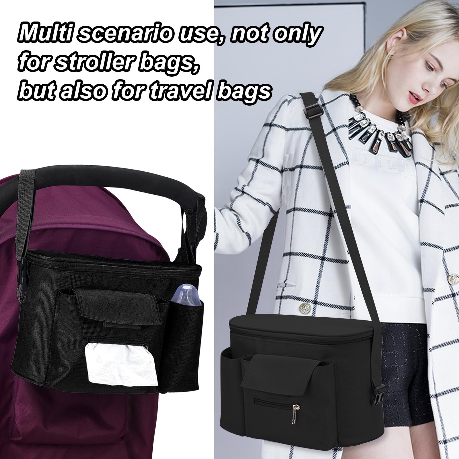 BouGPeng Borsa Organizer per Passeggino con Cerniera e Tracolla e Portabicchieri Universale Portaoggetti da Appendere Passeggino Impermeabile Nero Organizzatore per Passeggino Bambini