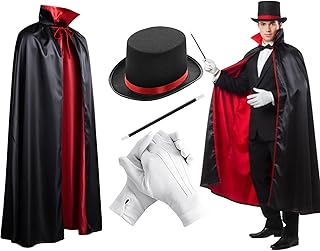 4 Pcs Red Black Magician Set Wizard Ribbon Hat Cape Gloves Wand Unisex Gothic Costume for Halloween Cosplay Stage