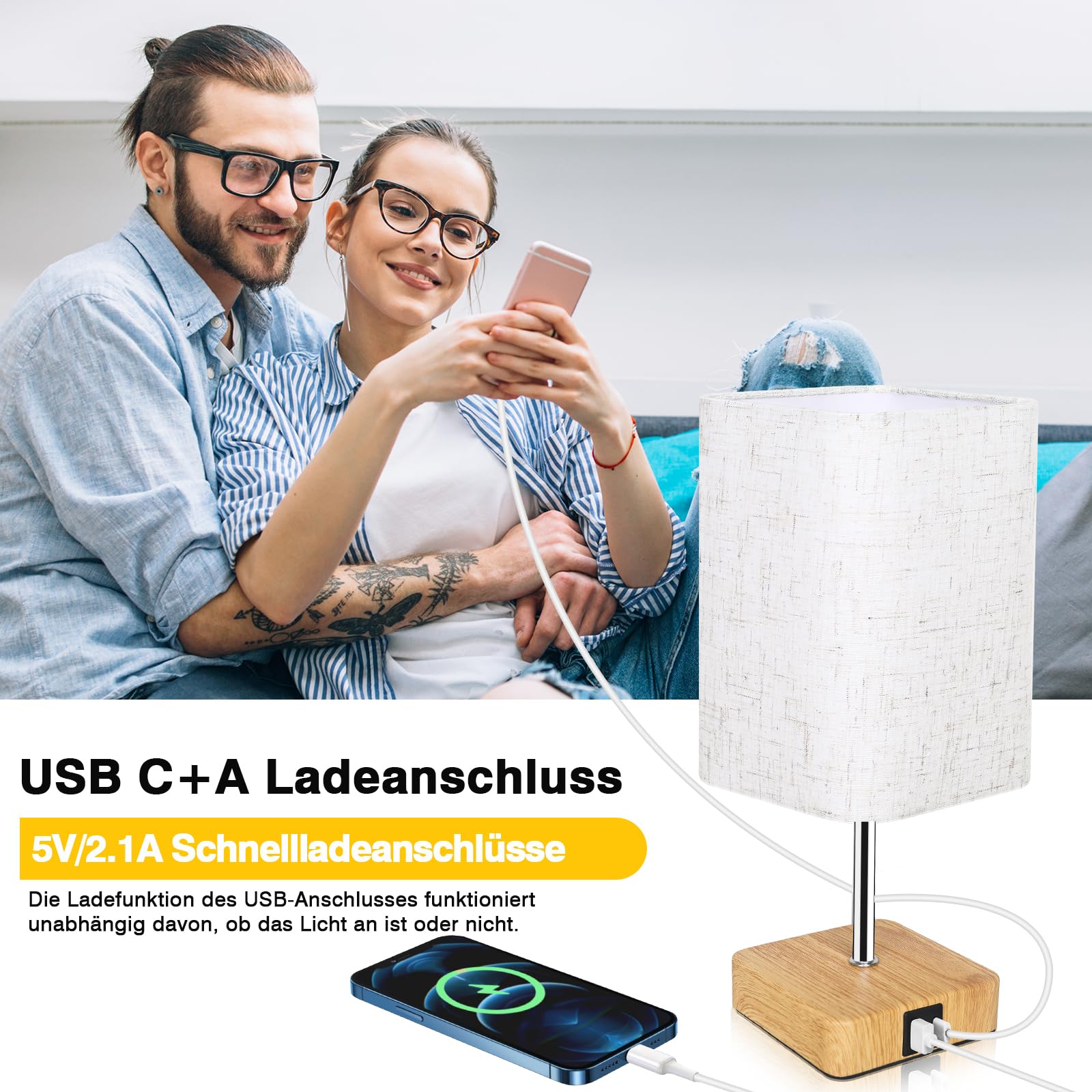 Jayencer Lámpara Mesita Noche Táctil Regulable, Lamparita de Mesita con Puertos de Carga USB A y C, 3 Niveles de Brillo, Lámparas con USB, Perfecta para Dormitorio, Sala, Oficina (USB-1 pieza)