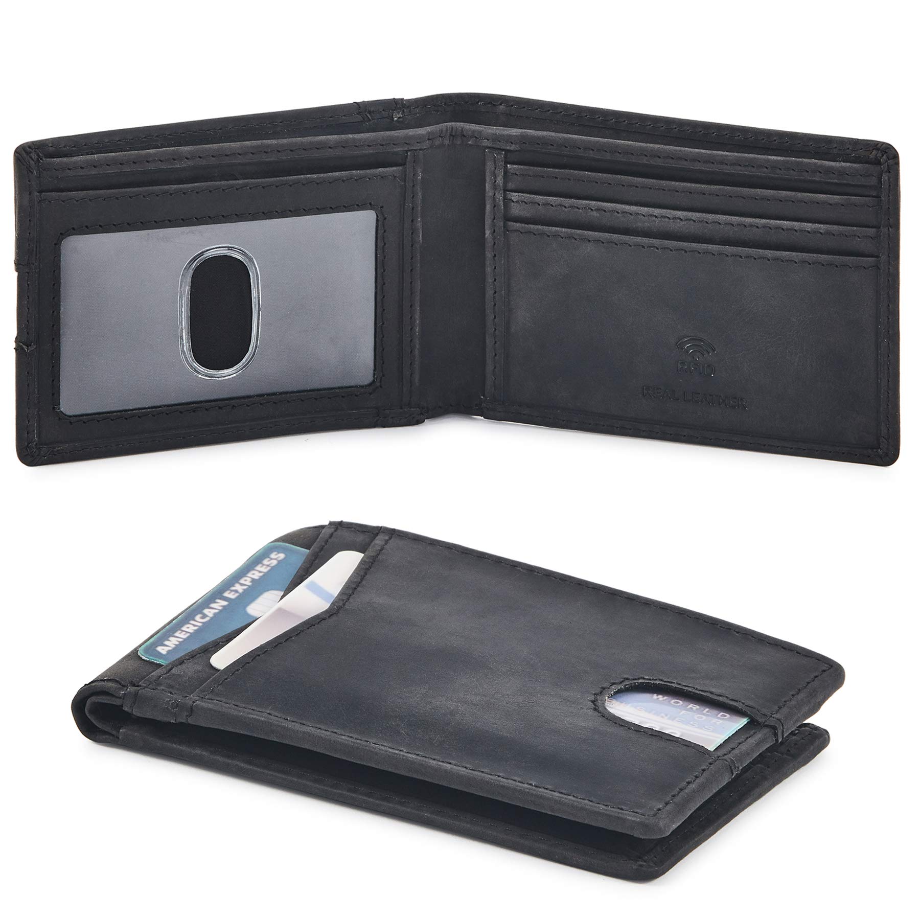 CochoaWallet for Men Bifold Real Leather Slim RFID Blocking Front Pocket Minimalist Stylish Design with ID Window in Gift Box (Crazy Horse, Black)