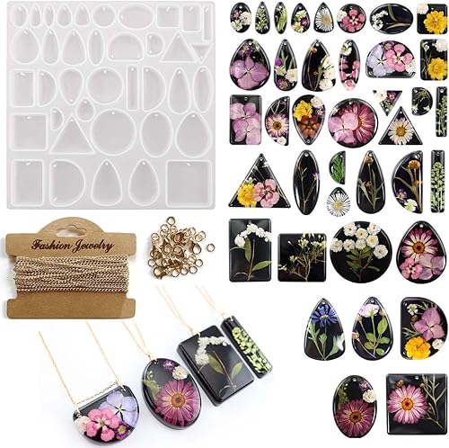 Szecl - Juego de 38 moldes de resina para colgante de joyería de 38 cavidades, molde colgante de silicona con agujero, gema de cabujón redondo,