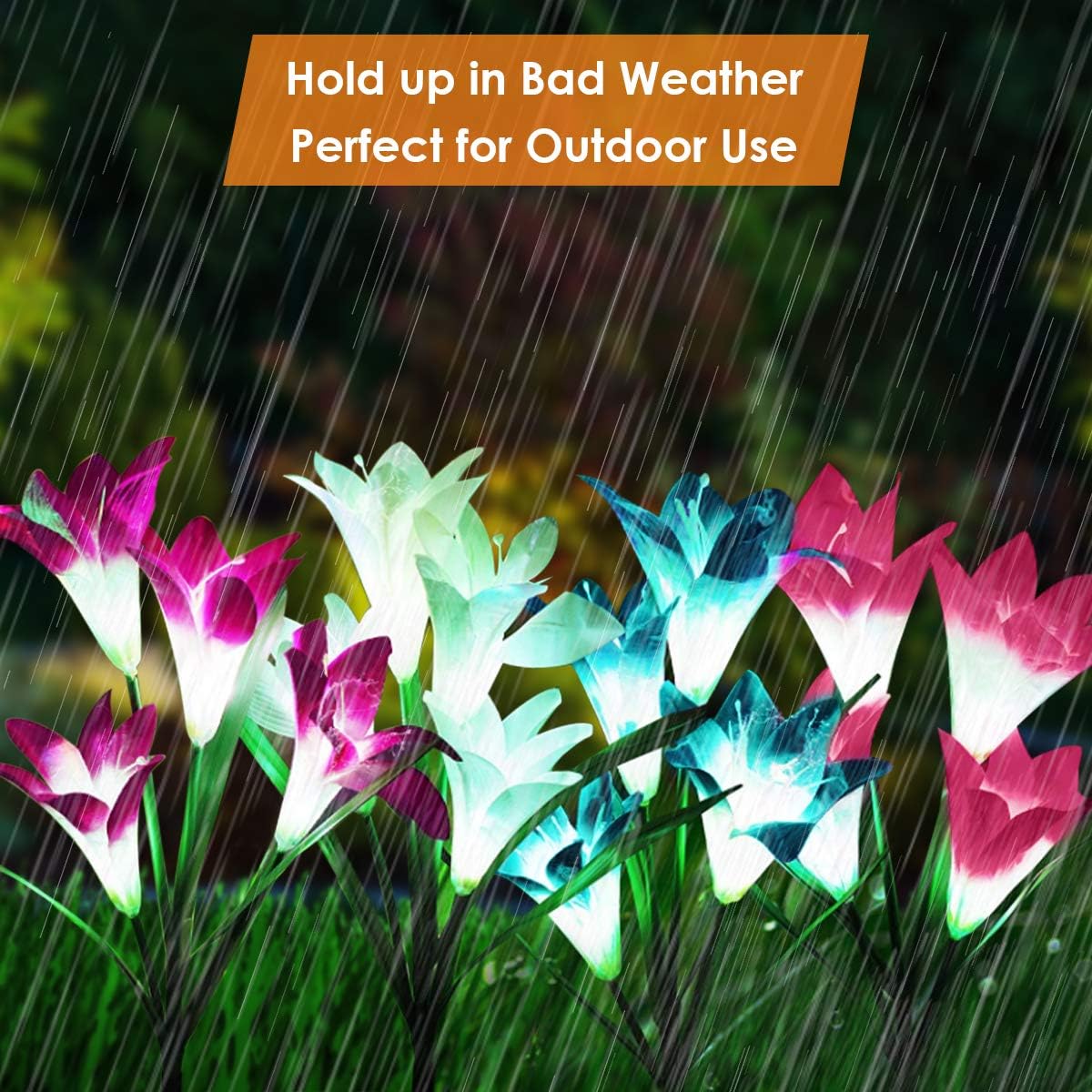 Solar Lights Outdoor, 4 Pack Solar Garden Lights Waterproof with 16 Lily Flowers, 7 Color Changing Led Outdoor Solar Lights for Yard Pathway Porch Flowerbed Decoration
