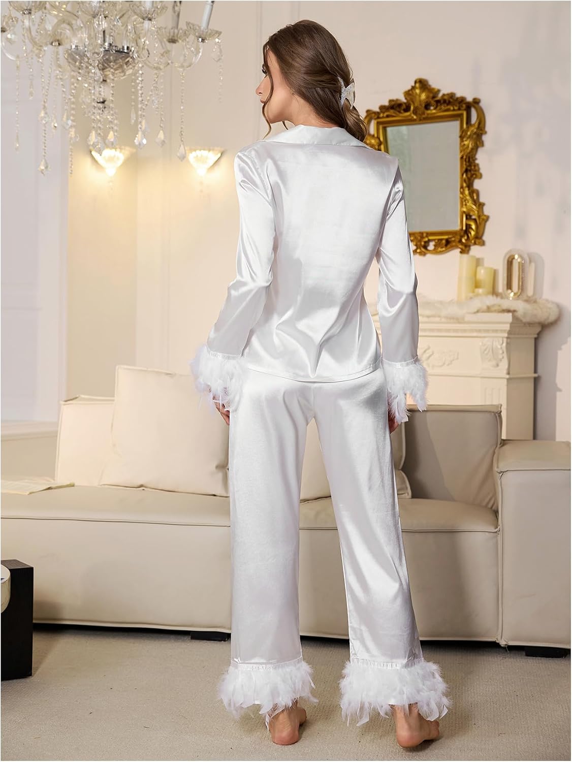 WDIRARA Women's 2 Piece Satin Sleepwear Fuzzy Trim Long Sleeve Button Down Shirt and Pants Pajama Set