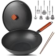 SodoMai 8 Pcs Carbon Steel Wok Pan 13'' Nonstick Woks & Stir-Fry Pans Set with Lid & Cookwares, No Chemical Flat Bottom Chinese Woks Pan Induction, Electric, Gas, Halogen All Stoves (WokIronRound)