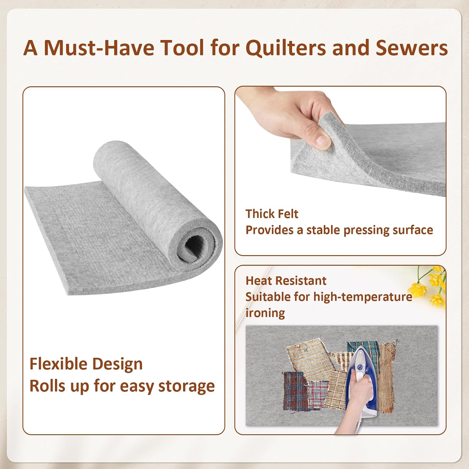 2-Pack Premium Felt Pressing Mat Set with Storage Bag – Heat-Resistant Ironing Pads for Quilting, Sewing & Crafting, Durable Wool Pressing Mats, 17" x 24"&10" x 10"