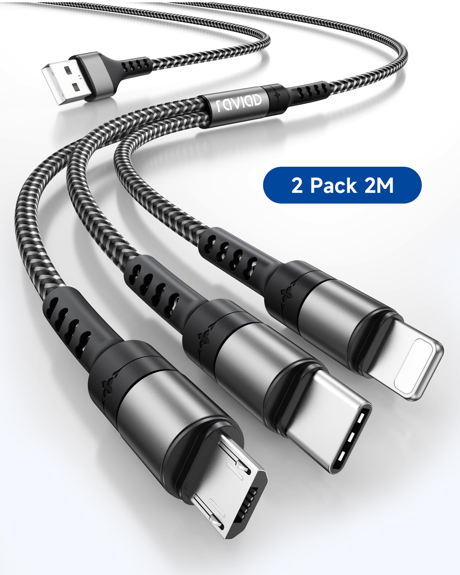 RAVIAD Kabel Multi USB [2 sztuki 2 M] 3 w 1, uniwersalny kabel do ładowania, kabel do szybkiego ładowania z mikro USB typu C, kabel Lightning do iPhone 17/16/15, Android Galaxy S25/S24/S23, Huawei