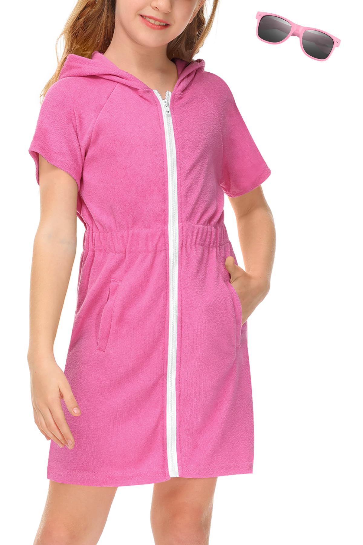 BesserBay Girls Swim Cover Up Beach Bathing Suit Coverups for Swimwear Zip-Up Terry Cloth Robes with Sunglasses 6-14 Years