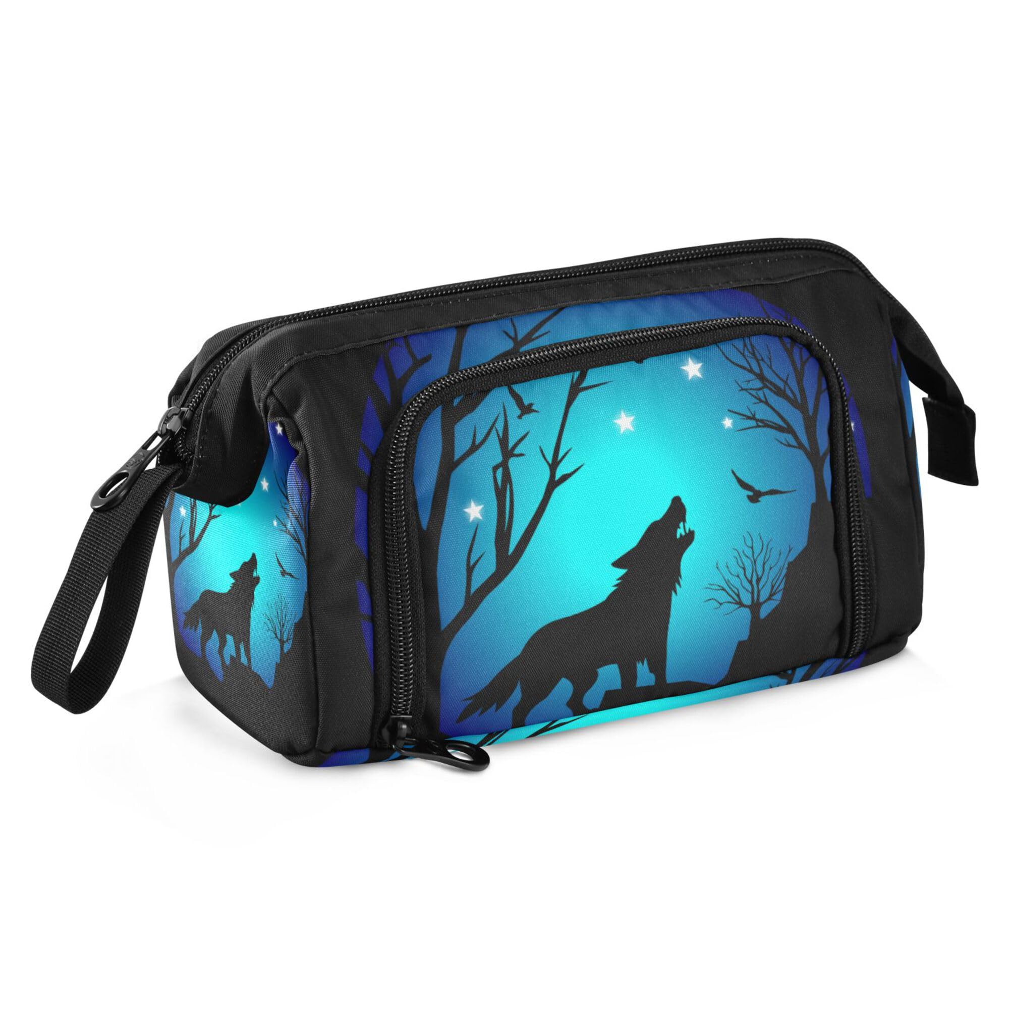 Fisyme Blue Moon Wolf Pencil Case Large Capacity Pencil Pouch Pen Bag Box Big Makeup Pencil Case Organizer