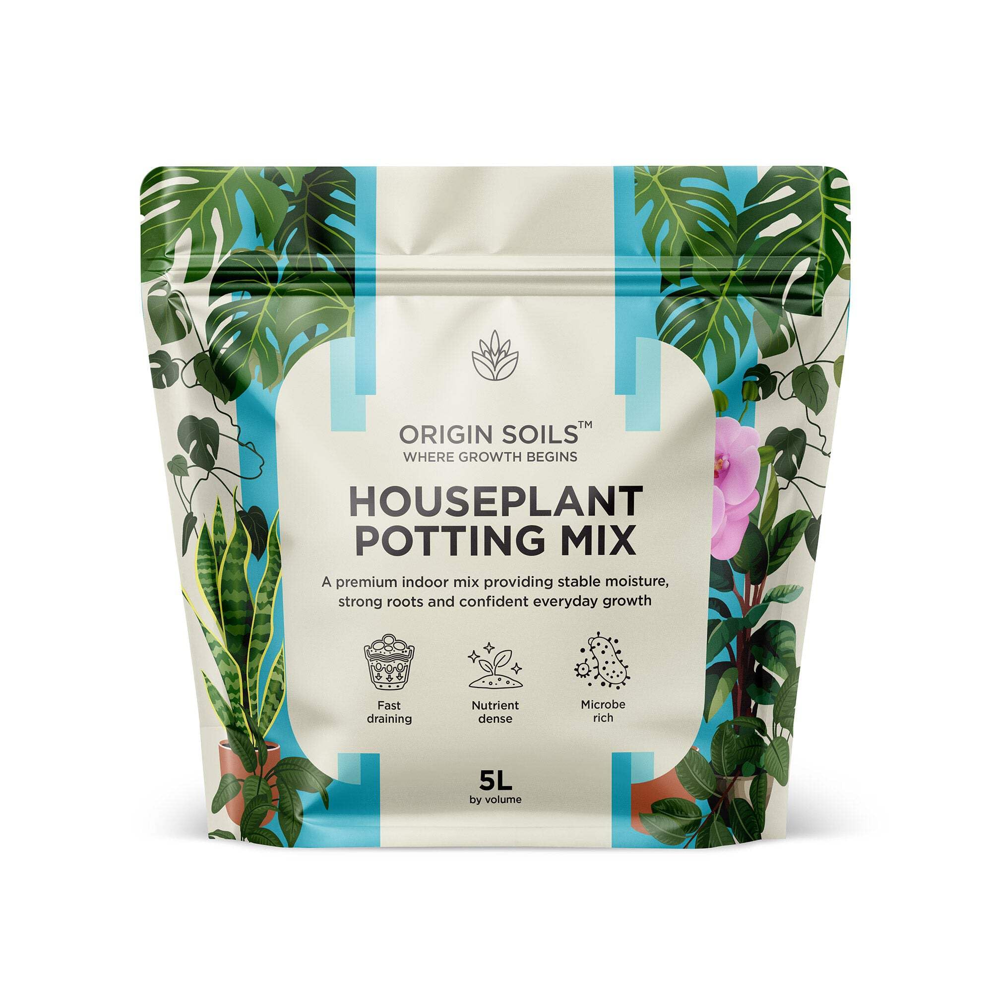 Origin Soils Houseplant Potting Mix – Balanced, Microbe-Rich Peat-Free Blend 5L for Strong Indoor Roots & Lush Foliage