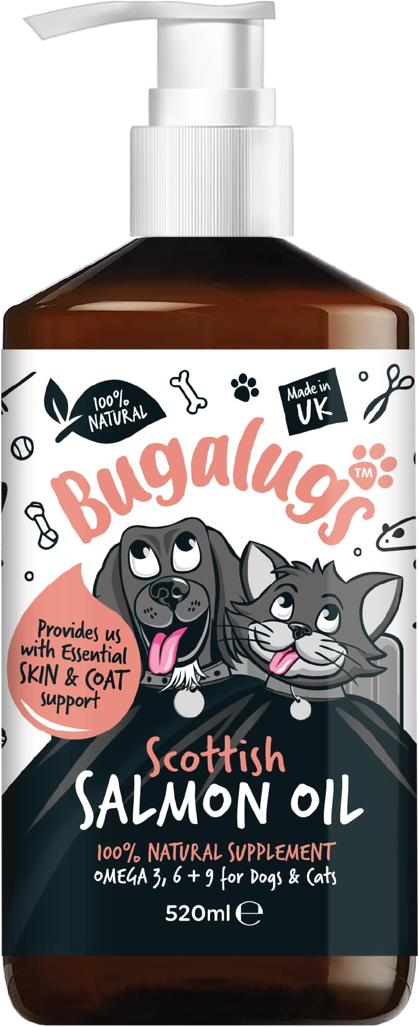 Bugalugs Scottish Salmon Oil For Dogs & Cats, Dog Supplement Support for Skin And Coat, Itchy Skin & Moulting, Omega 3 Fish Oil (520ml, Salmon)