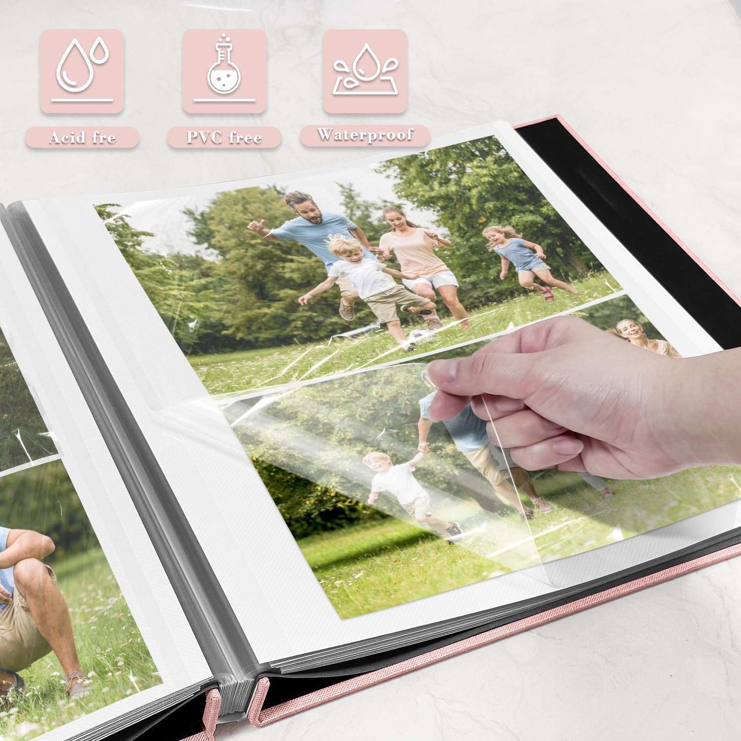 Álbum de fotos grande autoadhesivo, álbum de recortes para fotos de 4 x 6, 8 x 10 pulgadas, 40 páginas de color rosa claro, cubierta de lino, regalo ideal para viajes familiares, bodas