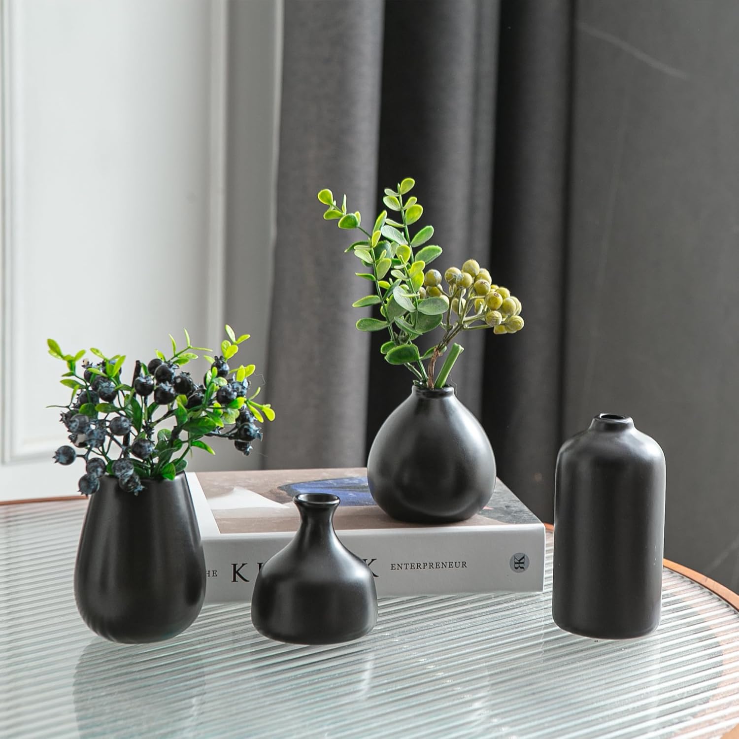 JOJUNO Black Bud Vases, Small Ceramic Vase Set of 11, Mini Pottery Vases for Flowers, Decorative Pieces for Home Modern Decor, Boho Decor, Chic Accents for Living Room Dining Table Shelves - Image 3