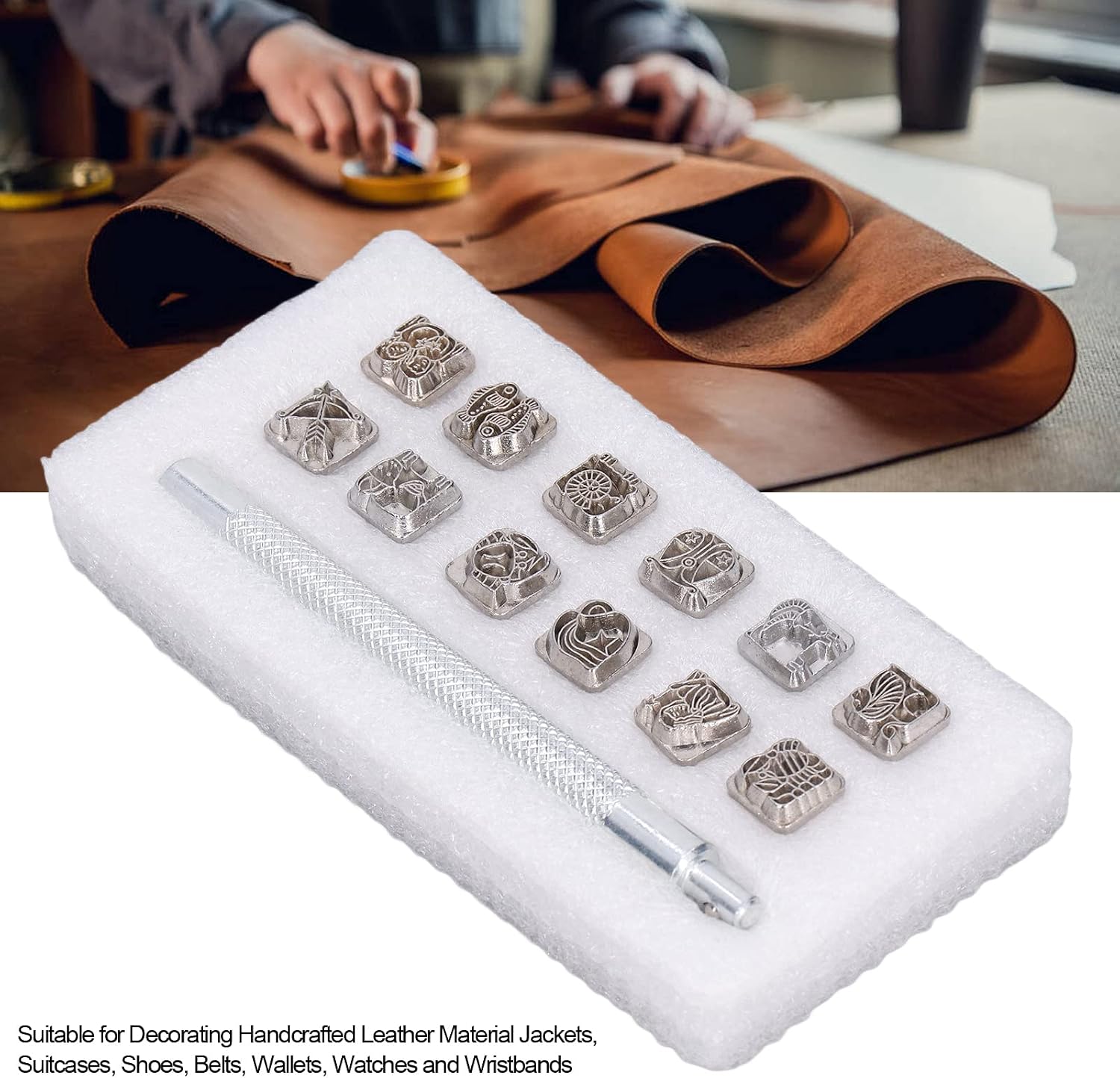 12Pcs Leather Stamping Tools, Leather Stamps Patterns and Handle Leather Working Saddle Making Stamps Set Leather Carving Tools(12 Seal)