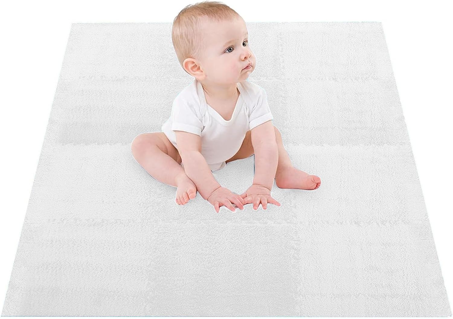 10pcs Plush Foam Puzzle Mat Tiles Soft and Non Slip Interlocking Carpet Tiles for Bedroom or Kids Room (White)
