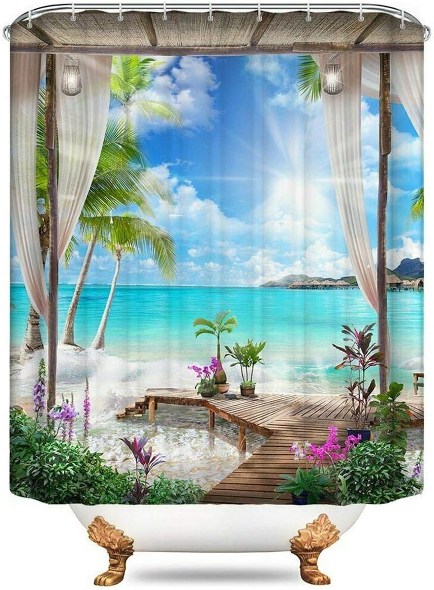YUAOEURLandscape Photo Garden 3D Shower Curtain Nature Scenery Sunset at Lake View Spring Flowers Green Grass Scenery Bathroom Decoration Curtains with Hook 71X 71 inches Green Pink Blue