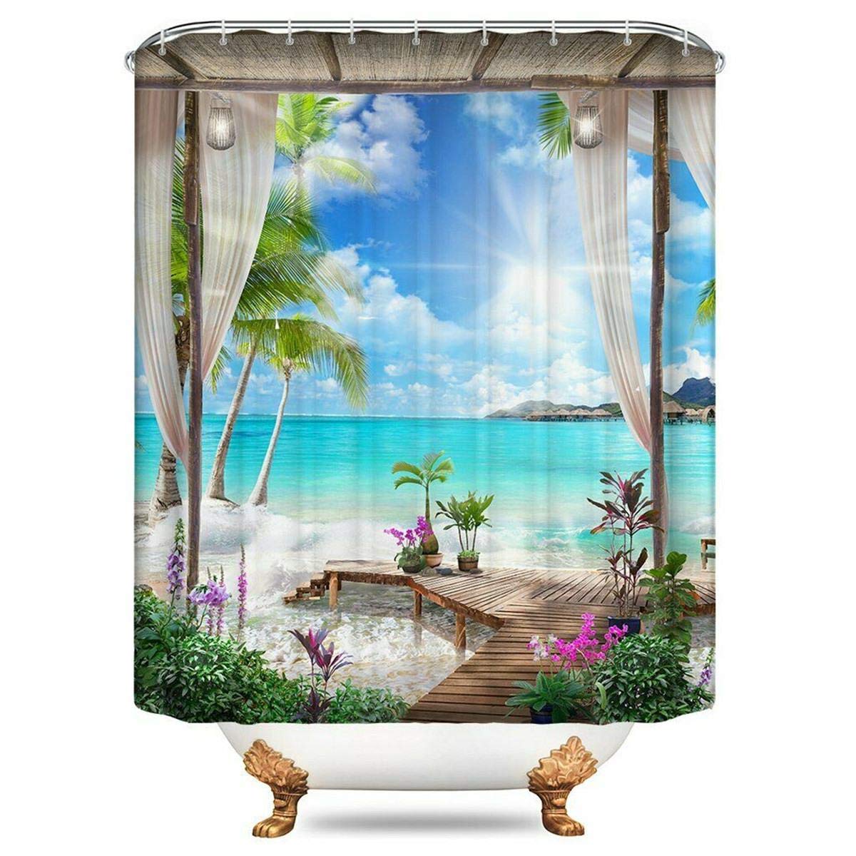 YUAOEURLandscape Photo Garden 3D Shower Curtain Nature Scenery Sunset at Lake View Spring Flowers Green Grass Scenery Bathroom Decoration Curtains with Hook 71X 71 inches Green Pink Blue
