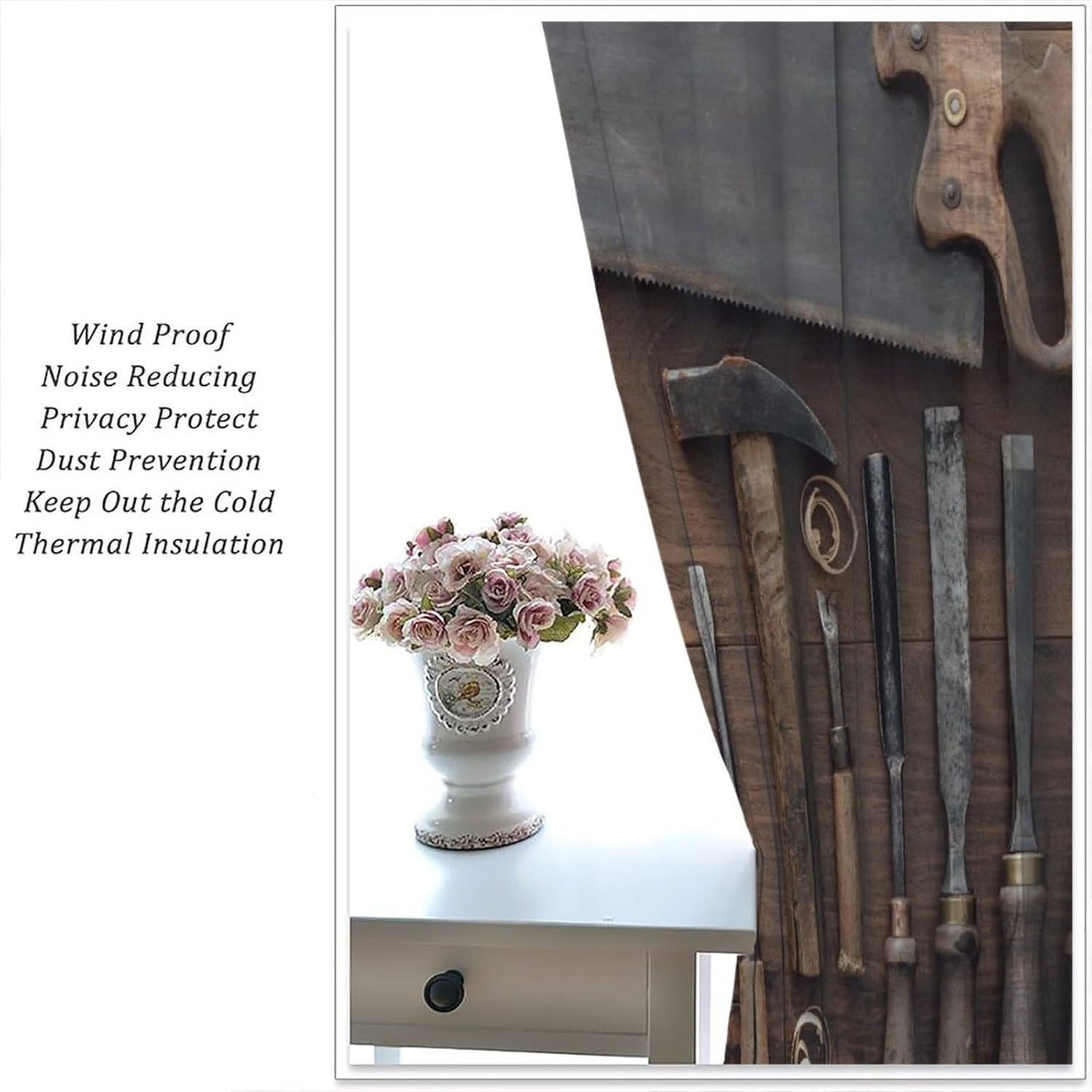Industrial Tools Theme Curtain, Craft Equipment with Carpenter Pattern of Obsolete Mechanical Tools, Room Bedroom Garage Blackout Decorative Curtain 2 Pieces 42x45in