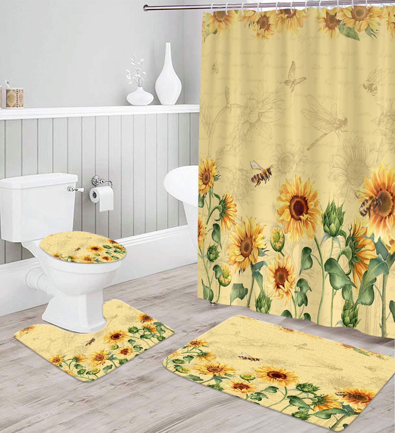 Sunflower Shower Curtain Set 4 Pcs Flower Floral Vintage Bathroom Decor with Rugs Farmhouse Rustic Retro Country Yellow Art Mat Toilet Lid Cover U Shaped Non-Slip Fabric Polyester 60x72 Inch