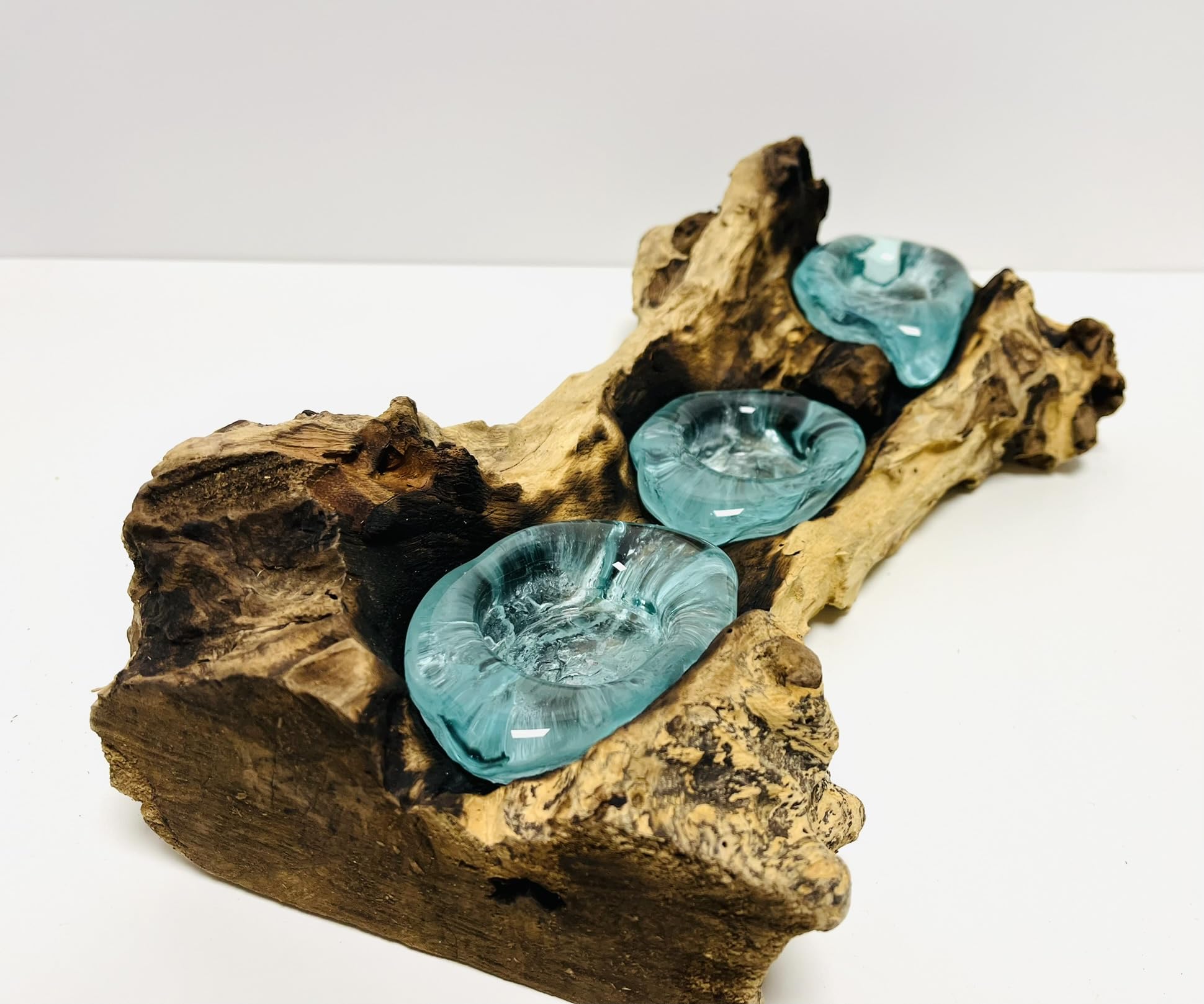 My Square Mile Turquoise Molten Glass Candle Holder On Driftwood Base | Suitable For Tealights Or Votives (3 Candle)