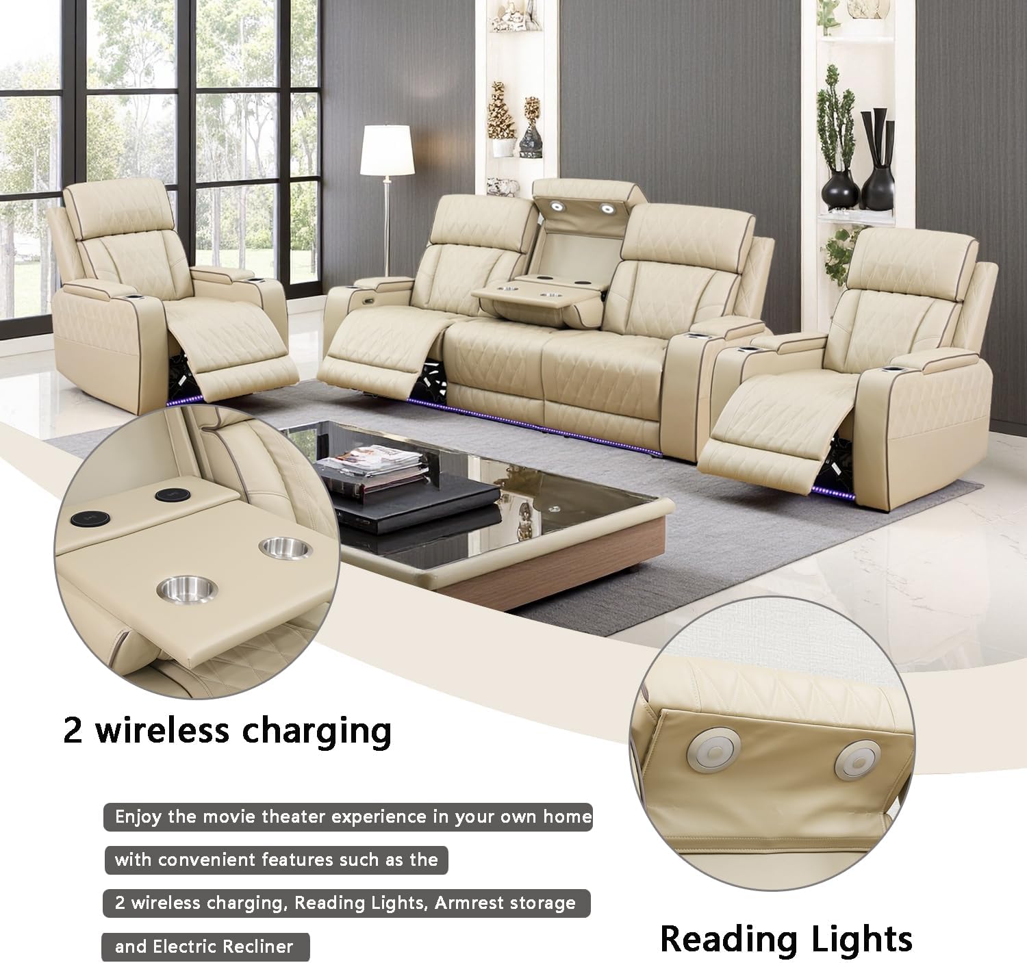 A Ainehome 3 Piece Power Recliner Sofa Set with LED, Power Leather Reclining Sofa and Chair Set, Leather Couches Sectional Recliner Chair for Living Room with USB Port/Storage Console