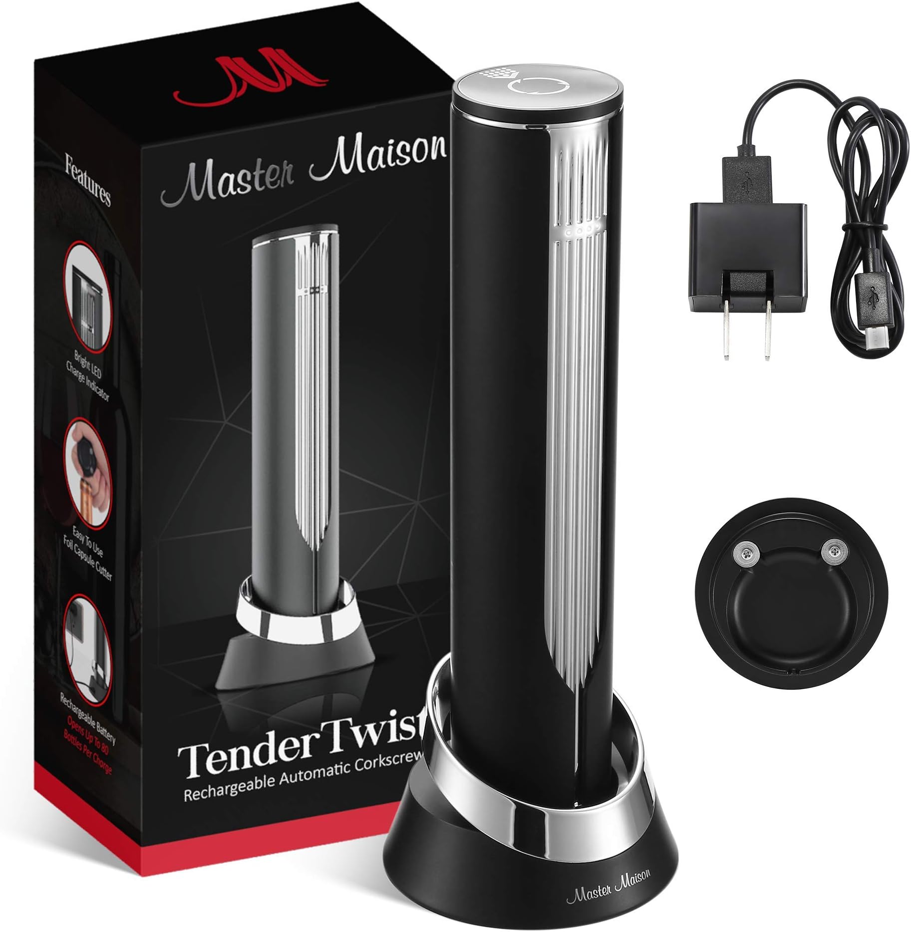 TenderTwist Electric Wine Bottle Opener | New 2019 Automatic Corkscrew Set | Complete Kit With Built-In Rechargeable Battery, USB Charger, Foil Cutter